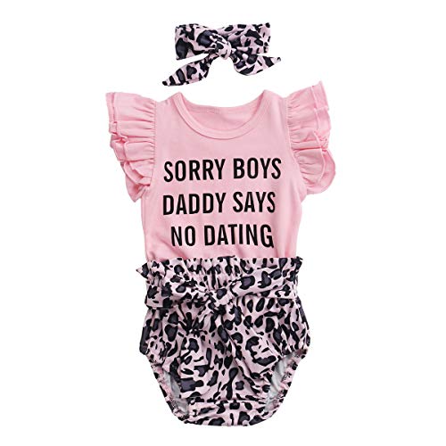 Image of Newborn Infant Baby Girls Sorry Boys Daddy Says No Dating Shirts Leopard Shorts Outfits with Headband Clothes (Pink, 0-6M)