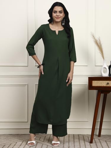 Image of idaLia Rayon Solid Straight Brown Kurta Set for Women with Palazzo 3 /4 Sleeve, Round V Neck Designer Kurta with Palazzo Pant Set