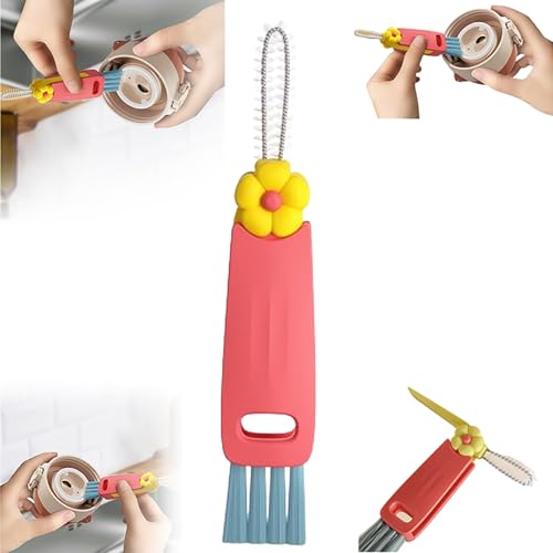 3 in 1 Cup Lid Cleaning Brush, 2024 Upgrade Multifunctional Crevice Portable Cup Lid Cleaning Brush for Bottle Gap Tight Spaces Cup, Multi-Purpose Tiny Silicone Cup Holder Cleaner (Red, 1 Pack)