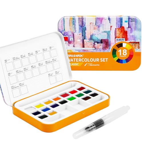 AUREUO Travel Watercolor Paint Set - 18 Water Colors Half Pan Portable Tin Box, Small Sketch Pocket Watercolor Painting Kit for Adults, Beginners & Artists