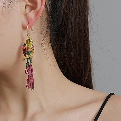 Rhinestone Parrot Bird Dangle Earrings for Women Girls Colorful Crystal Pink Feather Statement Drop Fish Hook Dangling Stud Lightweight Boho Carnival Holiday Prom Party Jewelry Gifts Souvenirs2