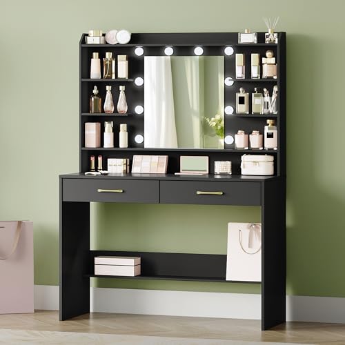 Hzuaneri Coiffeuse avec Miroir et éclairage LED, Luminosité Réglable, Coiffeuse avec étagères et 2 Tiroirs, Table de Maquillage pour Chambre à Coucher,...