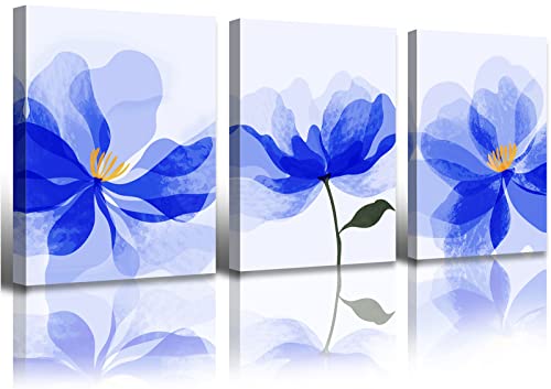 Blue Flower Wall Art Bathroom Wall Decor Modern Abstract Paintings Canvas Prints Gallery Wrapped Grace Floral Pictures 3 Panels Artwork for Living Room Bedroom Office Home Decorations 12"X16"X3
