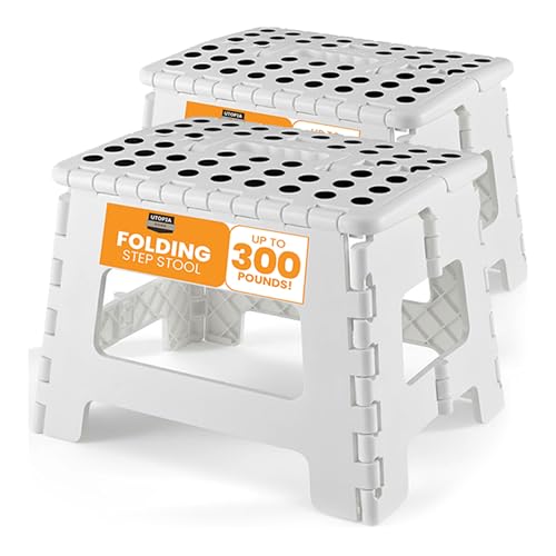 Image of Utopia Home Folding Step Stool with Handle – 9 Inch Anti Slip Collapsible Stool – Holds Up to 300 lbs – Sturdy Plastic Step Stool Foldable for Kitchen, Bathroom and Home Use (2-Pack, White)