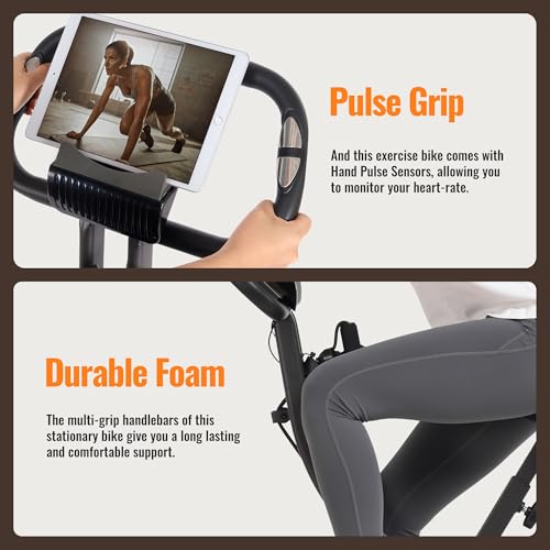 Folding Exercise Bike Stationary Bike Recumbent Exercise bike with 10 Level Adjustable Magentic Resistance and Arm Resistance Band LCD Display Support Backrest Wide Seat 300LB Capacity for Home Workout