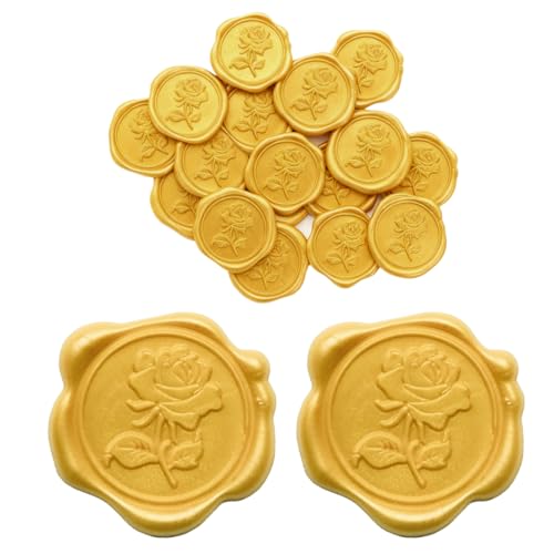 YAZWUR 30 Stück Selbstklebend Wachssiegel Rosenform Umschlagaufkleber Dekoration Sticker für Hochzeit, Einladungen, Geschenke, Briefe (Hellgold)