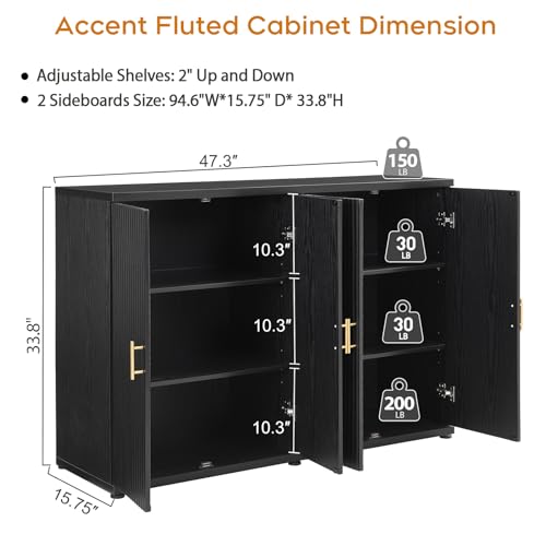 Yechen 94.6\" Black Fluted Sideboard Buffet Cabinet with Storage and 8 Doors, Mordern Credenza Storage Cabinet with Adjustable Shelves, Media Console Table, for Living Room Dinning Kitchen(2 PCS)