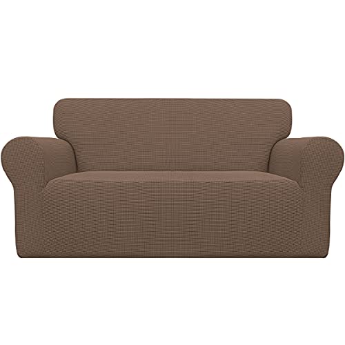 Easy-Going Stretch Loveseat Slipcover 1-Piece Sofa Cover Furniture Protector Couch Soft with Elastic Bottom for Kids Polyester Spandex Jacquard Fabric Small Checks (Loveseat, Brown)