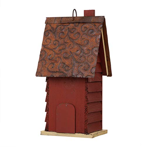 Glitzhome Bird Houses for Outside, Distressed Red Cottage Blue Bird House, 12" H Solid Wood Birdhouse Hanging Bird House for Outdoors
