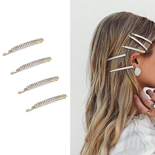 4 Pack Double Row Clear Crystal Rhinestone Hair Barrettes Bobby Pins Clips Fashion Metal Hair Pin Decorations for Lady Women Girls (Rose Gold)