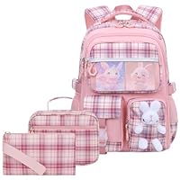 KBGPW 3pcs Girls Backpack With Lunch Box & Pencil Case,Cute Rabbit Kids School Backpack Set For Kindergarten & Elementary