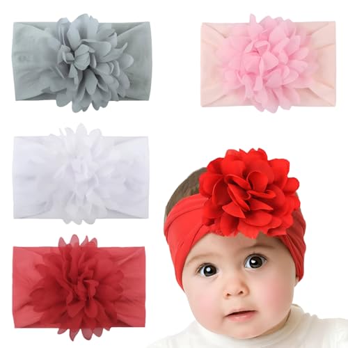 Image of SYGA Pack of 4 Baby Headbands Nylon Flower Soft Stretchable Hairband for Newborn Infant Toddler Kids For 0-3 Year (Multicolor)