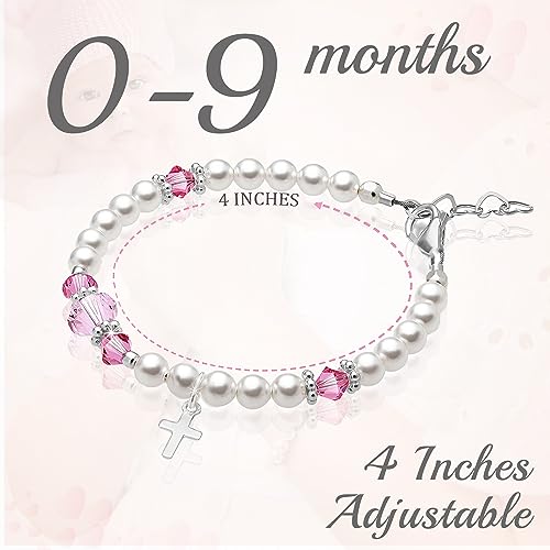 Image of Baby Crystals Personalized Baptism Pearl Bracelet for Girls, White Simulated European Pearls, Sterling Silver Cross Charm Initial Bracelet, Handmade Baptism Gifts for Girl, Girls Jewelry