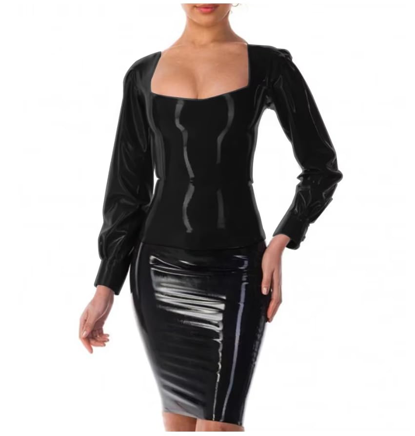 Blusa básica ajustada de manga larga con cuello cuadrado para mujer, aspecto húmedo, piel de PVC, corta, para uso diario, casual, personalizable