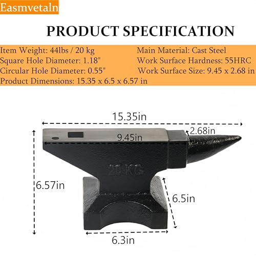 image for Easmvetaln Cast Steel Anvil, 44 Lbs(20kg) Single Horn, High Hardness R