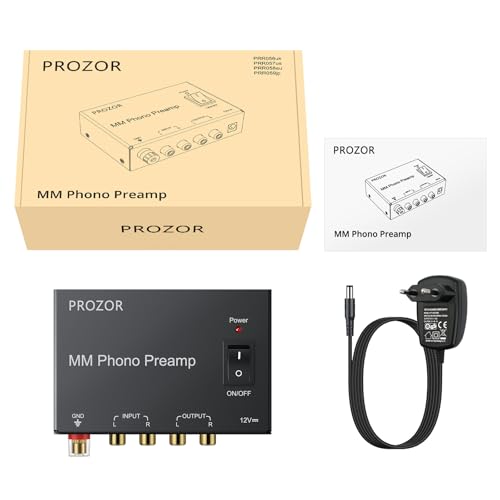 PROZOR Phono Vorverstärker Plattenspieler MM Plattenspieler Vorverstärker Kompakter, Extrem Rauscharmer Cinch Eingang/Ausgang, DC 12V Mit Netzschalter
