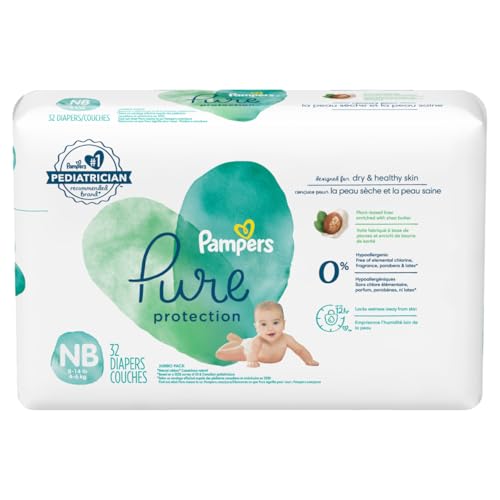 Pampers Pure Protection Baby Diapers, Newborn Extra Small Size Taped Diapers, (NB/XS) Size 1, 32 Count [Hypo allergenic and unscented protection 0% chlorine paraben latex]