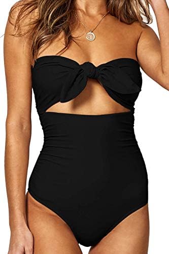 Women's Beandeau Tie Knot Front Cut Out High Waist One Piece Swimsuits