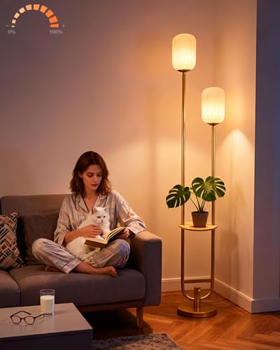 Image of 2-Lights Gold Dimmable Floor Lamp with Table, Modern Floor Lamps with Oval Striped Lampshade 3000K Soft Warm White Standing Tall Lamp for Living Room /Bedroom /Sofa Beside /Corner Decor