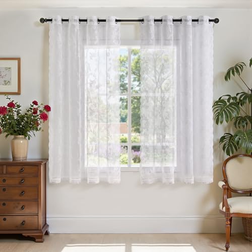 TOPICK Spitzen Gardinen lichtdurchlässig H 145 x B 150 (cm) 2er Set Lace...