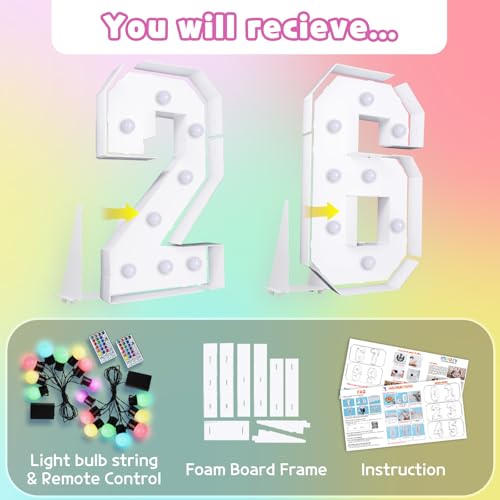 Image of Colorful 3FT Marquee Numbers Light up 26 Graduation Decoration | RGB with Remote, Party Decorations Anniversary Wedding Decorations Assembly Required Foam Board 39 Pcs Accessory Set