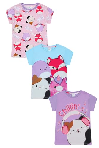Squishmallows Paquete de 3 camisetas infantiles para niñas, paquete múltiple, multicolor, 6-7 años