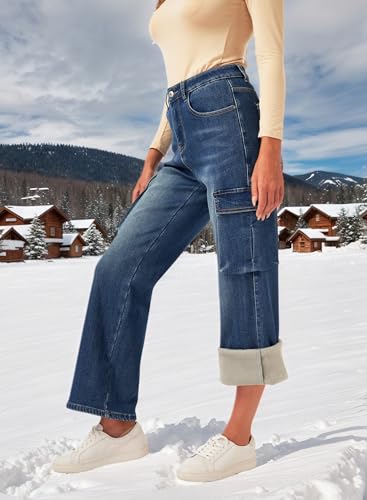 Women's Fleece Lined Jeans Winter Casual Multi Pockets Flannel Lined Jean Cargo Denim Pants Thermal2