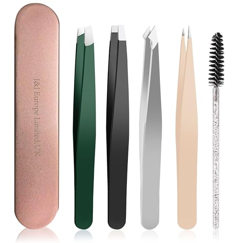 J&J Tweezer Best Tweezers, Precision Tweezers, Professional Stainless Steel for Eyebrow, Splinters, Eyelash Extensions – Precision Grip -4-Pack with Eyebrow Brush