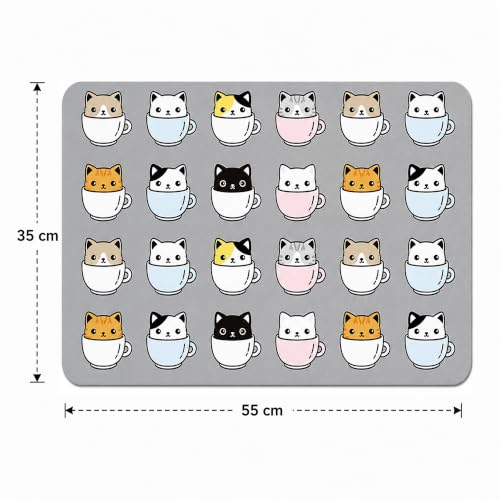 Image of Luxe Home International Dish Dry Mats for Kitchen Counter, Rubber Quick Dry Mat for Kitchen Utensils, Cute Cat Print Smooth Absorbent Placemat, 35x55 cm, Cat Grey, Pack of 1