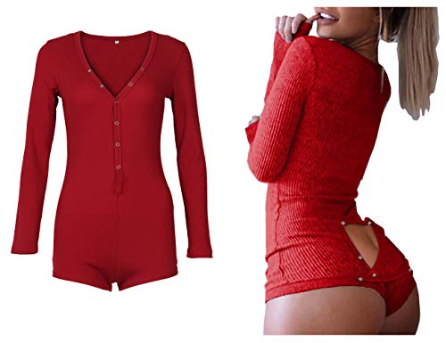 Roselux Women Sexy Butt Button Back Flap Long Sleeve Pajama Onesie Knitted One Piece Pjs Rompers Valentines Burgundy Red S