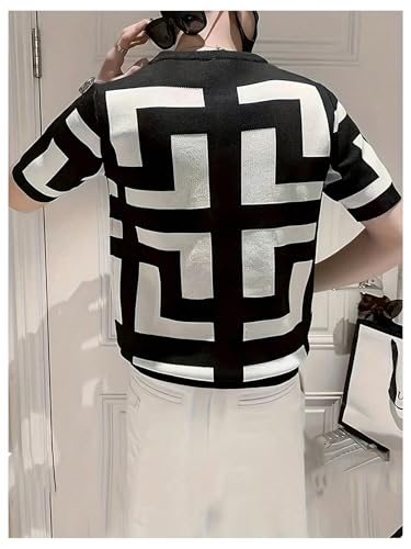 Verdusa Men's Colorblock Geo Lightweight Sweaters Short Sleeve Slim Fit Pullover Knit Tops2