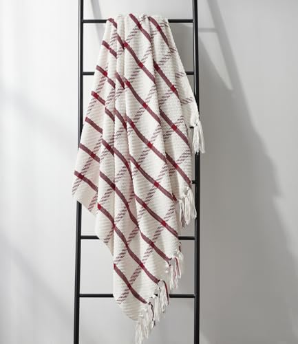 Image of CREVENT Chenille Throw Blanket Breathable Soft Warm for Sofa Bed Home Decor with Tassels (Red and White) 50 inchx60 inch