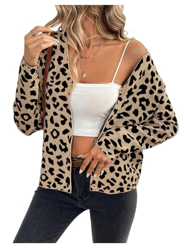 SHENHE Women's Leopard Cardigan Sweater V Neck Button Down Cheetah Print Soft Knit Cardigan Khaki Large