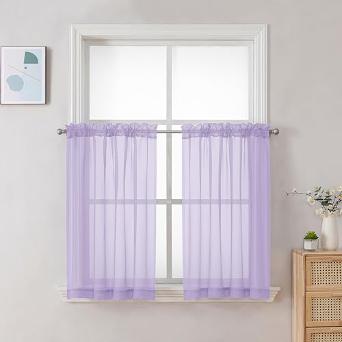 Image of Chyhomenyc Lilac Sheer Curtains 30 inch Length 2 Panels, Light Filtering Voile Rod Pocket Short Window Curtians for Bathroom Living Room Farmhouse Small Windows, 42Wx30L inches