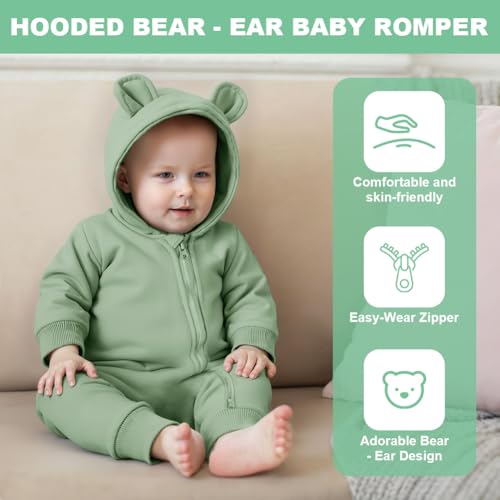 ABOHU Neugeborenes Baby Jungen Mädchen Strampler, Lange Ärmel Overall mit Bär Ohr und Kapuze, Säuglings Frühling Herbst Body, Reißverschluss Bodysuit Baby Schlafanzug Einteilige 0-6 Monate