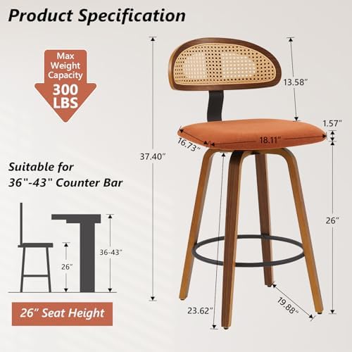 Swivel Counter Height Bar Stools Set of 3, 26" Upholstered Seat Barstools with Rattan Back, Bentwood Frame Mid Century Modern Bar Chairs for Kitchen Island, Dining Room or Bar (Brown)