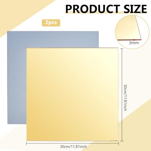 Image of BENECREAT 2Pcs 12x12 Inch Acrylic Mirror Sheets, 1 /8 Inch(3mm) Square Flexible Mirror Sheets with Film Attached for Engraving Wall Decor DIY Crafts, Gold