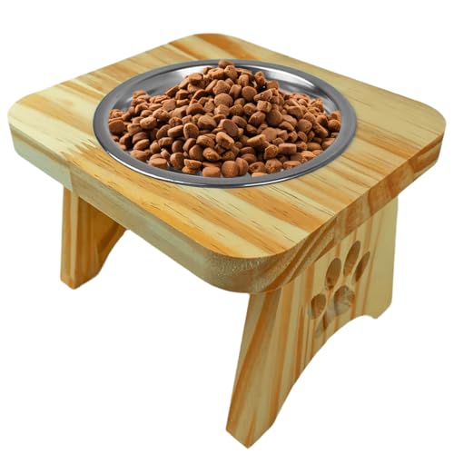 Comedouro Elevado para Cães e Gatos, Suporte em Madeira com Tigela em Aço Inox, Tamanho Pequeno