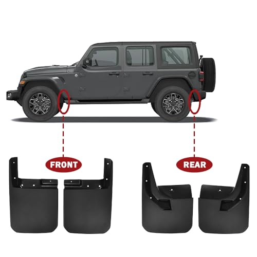 Image of JSCARLIFE Mud Flaps for 2018-2024 J-eep Wrangler JL | No-Drill Splash Guards | Front & Rear Set | Black PP Plastic | Protects Against Mud, Rocks & Road Debris