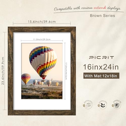 Picrit 16x24 Picture Frame 3 Pack, Brown Poster Frame, Display Poster 12 x 18 with Mat or 16 x 24 without Mat for Horizontal or Vertical Wall Mounting