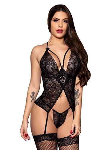Fantasia Sexy Espartilho Policial Renda Sensual + Ligas (G, Preto)