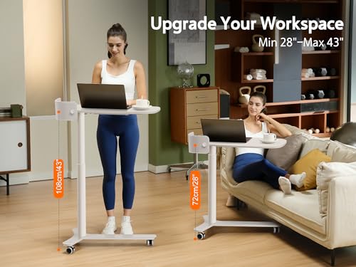 Image of WALKINGDESK Rolling Desk Adjustable Height with Drawer and Wheels, Portable Small Standing Desk Pneumatic for Home Office, Mobile Computer Laptop Cart, Medical Sofa Overbed Table, White