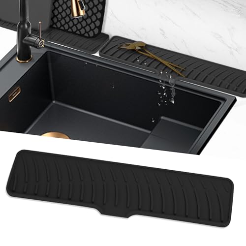 Volminex Alfombrilla para Fregadero Silicona, Alfombrilla de Grifo Estrecha, Antideslizante Protector Fregadero, Alfombrillas Escurreplatos para Proteger Encimera de Cocina y Baño (Negro, 42 cm)