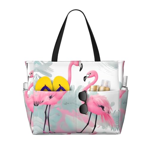 Large Capacity Beach Bag Women Print Tote Bag Waterproof Beach Bag Reusable Travel BagPink Flamingo