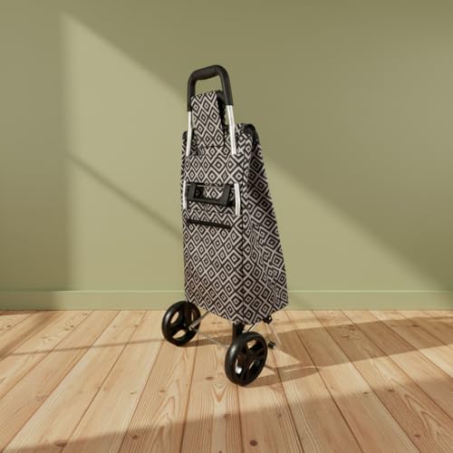 Image of KriShyam Foldable Shopping Trolley Cart with Stylish Pattern | Large Capacity Grocery Cart with Wheels | Lightweight Portable Utility Cart (2 WHHEL White (Geometric Print))