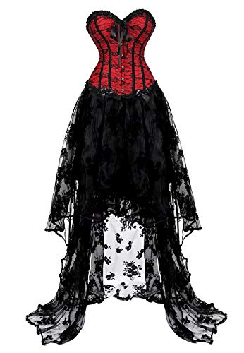 corsagenkleid Vollbrust Kleid Corsage Bustier Korsett Kleider Spitze lang asymmetrisch Rock tüllrock Halloween Rot Schwarz M