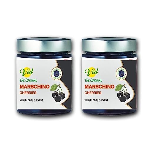 Cerezas al marrasquino originales de Ved Gourmet - Cereza de cóctel italiana antigua - Cóctel vegano, cerezas de bourbon en almíbar natural para guarnición de cóctel - Tarro de 300 g (paquete de 2)