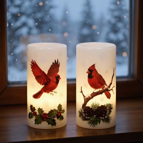 Image of Christmas Cardinal Flameless Pillar Candles with Remote Timer, LED Candles in Real Wax Holder, Battery Operated Candle for Christmas Decor Indoor Xmas Gifts(2 Pack, 3 inch x 6 inch)