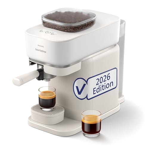 Philips Baristina Espressomaschine, Automatisches Mahlen, Tampen & Brühen, 16 Bar, Espresso, Café Crema, Kompakte Größe, Naturweiß mit weißem Siebträger, Kaffeemaschine mit Mahlwerk (BAR305/00)