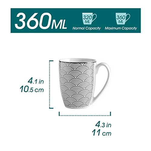 Vancasso Haruka Coffee Tea Cup Set, 4 Piece Porcelain Ceramic Cappuccino Espresso Mug Set, Crockery Patterned Black And White, Japanese Style, 12Oz/360 Ml #TOP1